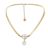 18K gold-plated snake-chain necklace adorned with a pearl and a heart charm, showcasing a clover pendant design.